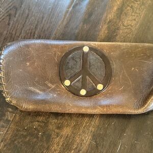 Brown Leather Peace Sign Clutch